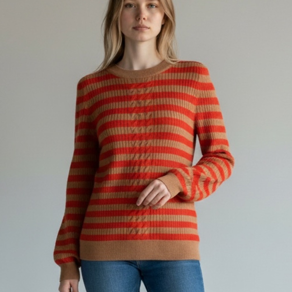 Talbots Lantern Sleeve Cable Knit Camel & Orange striped Sweater Size M Petite